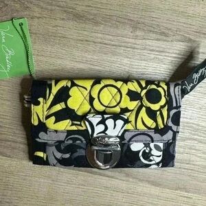 VERA BRADLEY Quick Swipe ID Case Key Ring Baroque Black Yellow Floral